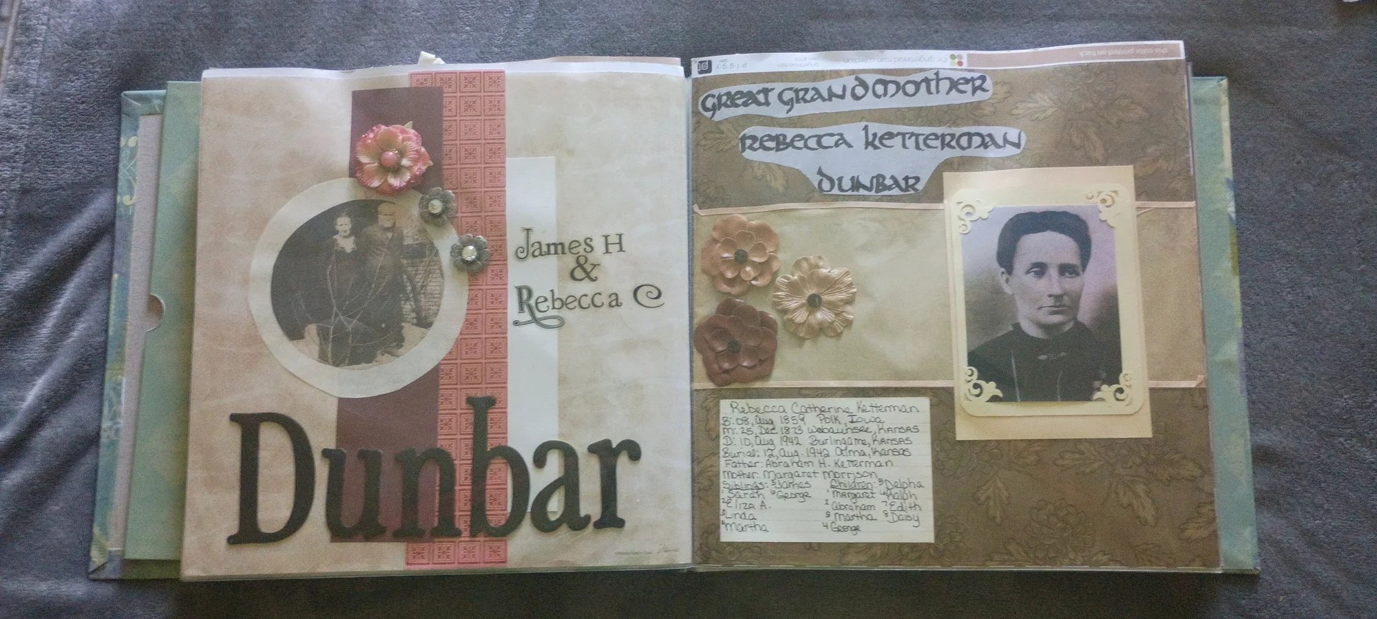 Dunbar family history scrapbook with ancestor portraits and family notes
