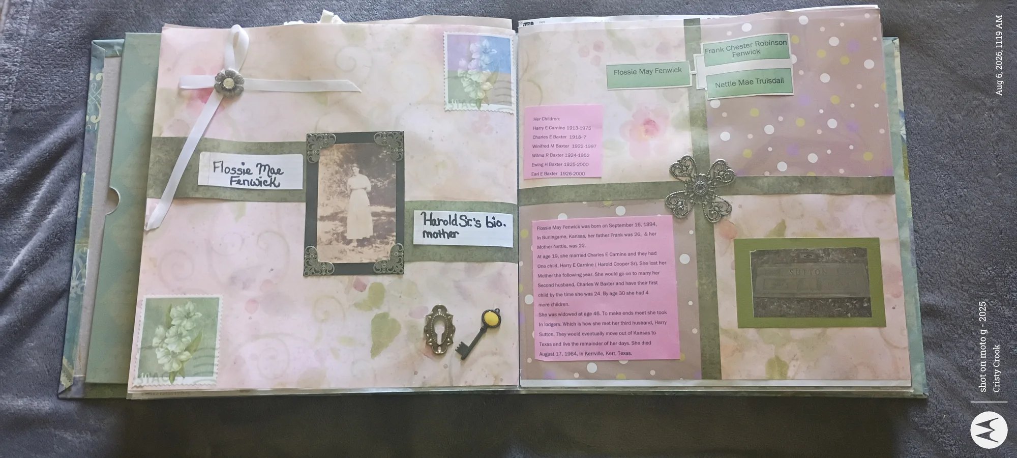 Custom family history scrapbook for Flossie Mae Fenwick with a vintage photograph and family biography