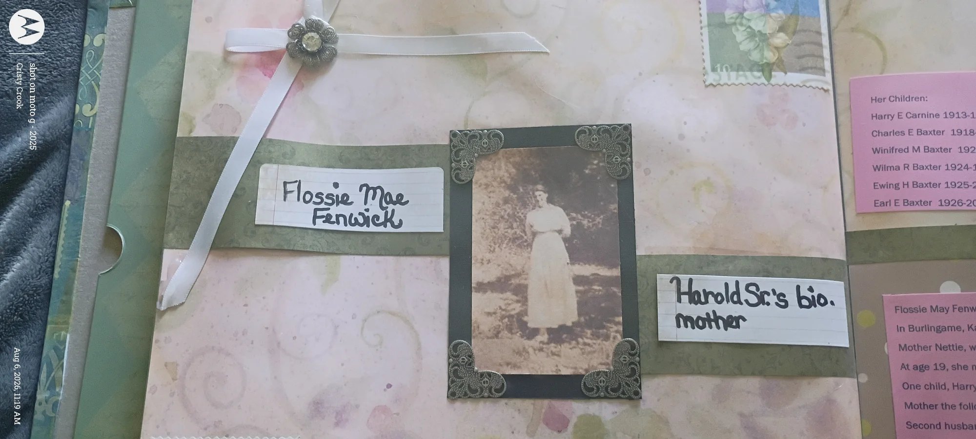 Close-up of a handcrafted family scrapbook page for Flossie Mae Fenwick