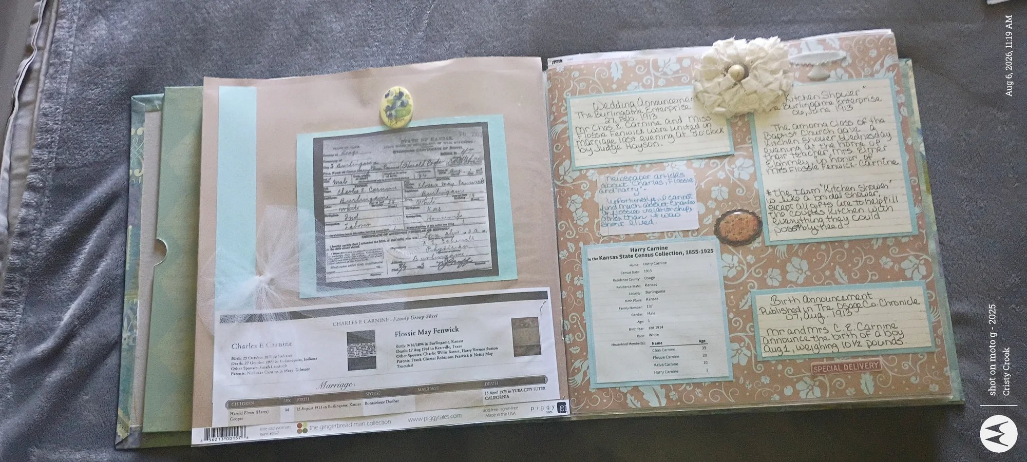 Family history scrapbook preserving genealogy records, handwritten research, and old documents