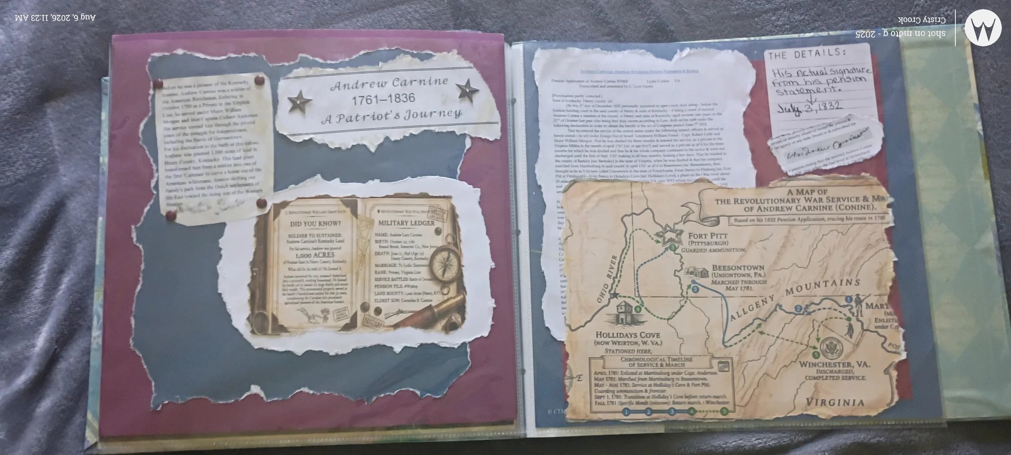 Military history scrapbook with campaign maps, archival documents, and layered paper details