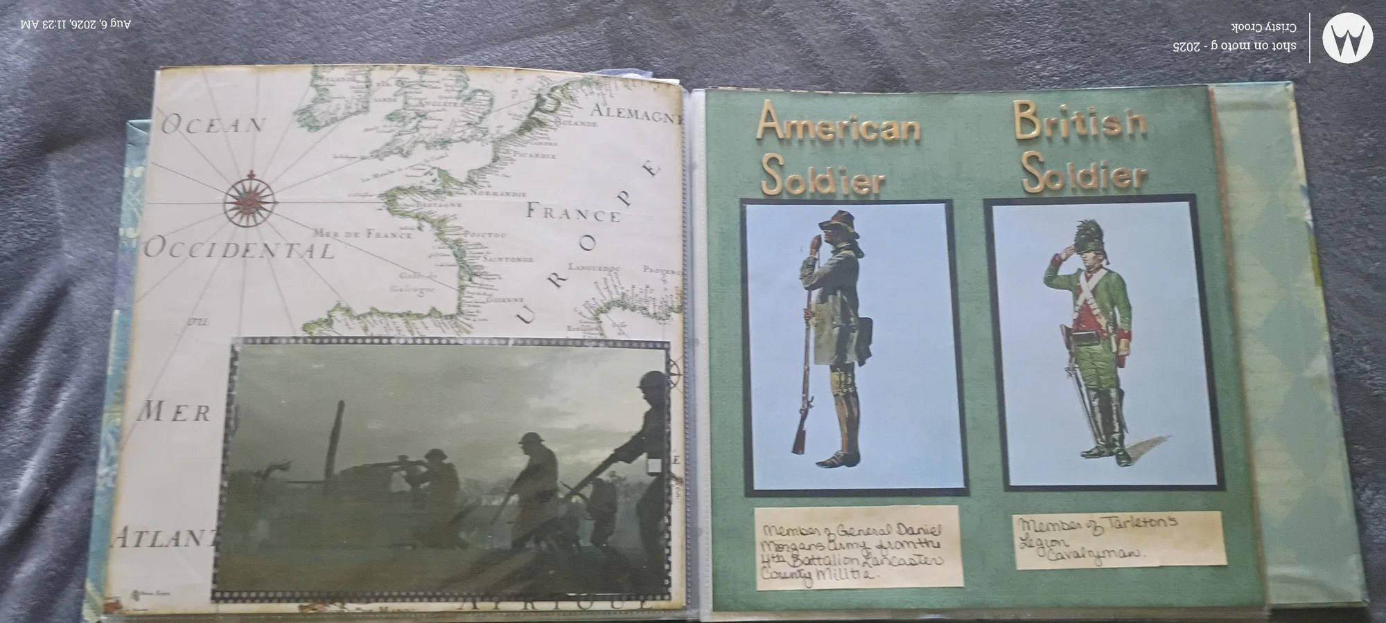 Military scrapbook with uniform illustrations, a service photograph, and a European campaign map