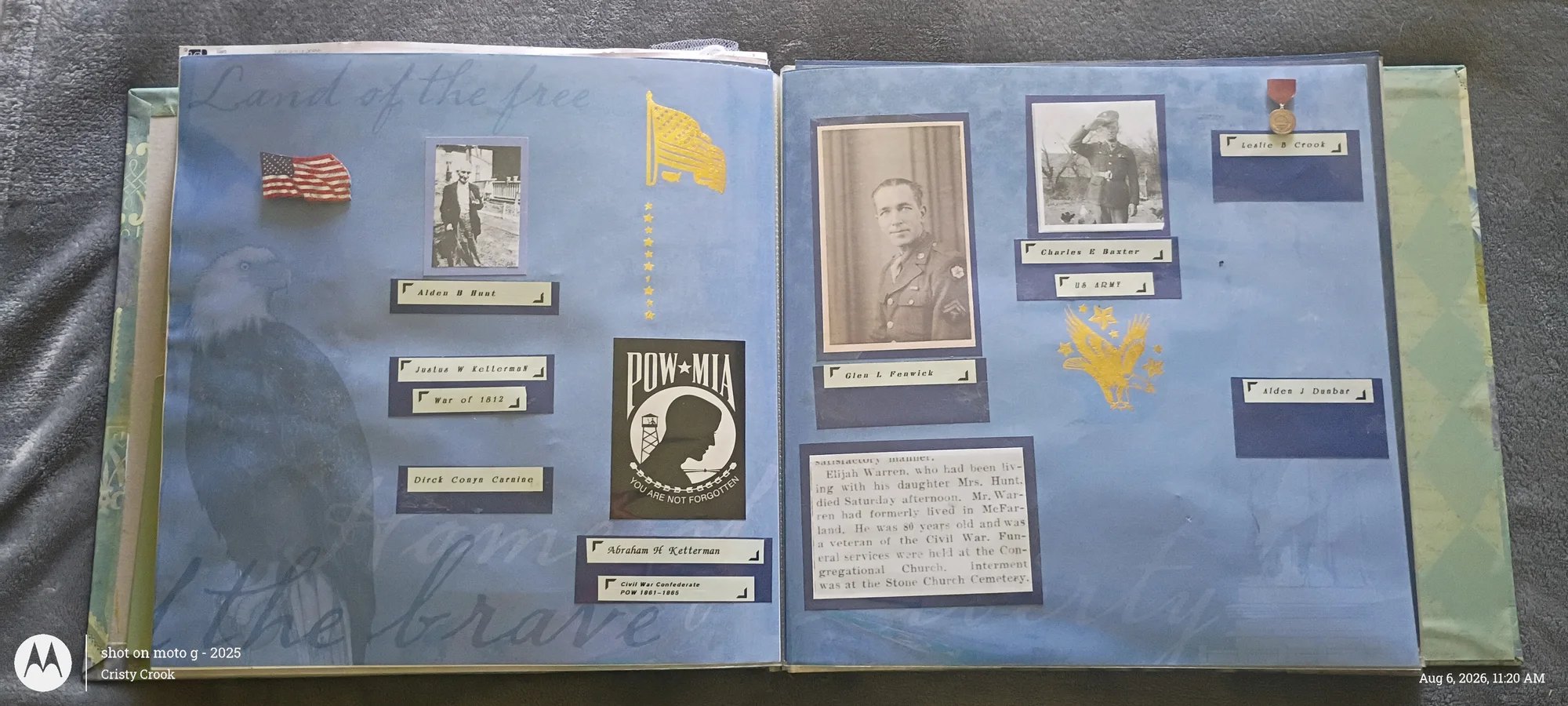 Cristy’s handcrafted veteran remembrance scrapbook with service photographs and a POW-MIA tribute