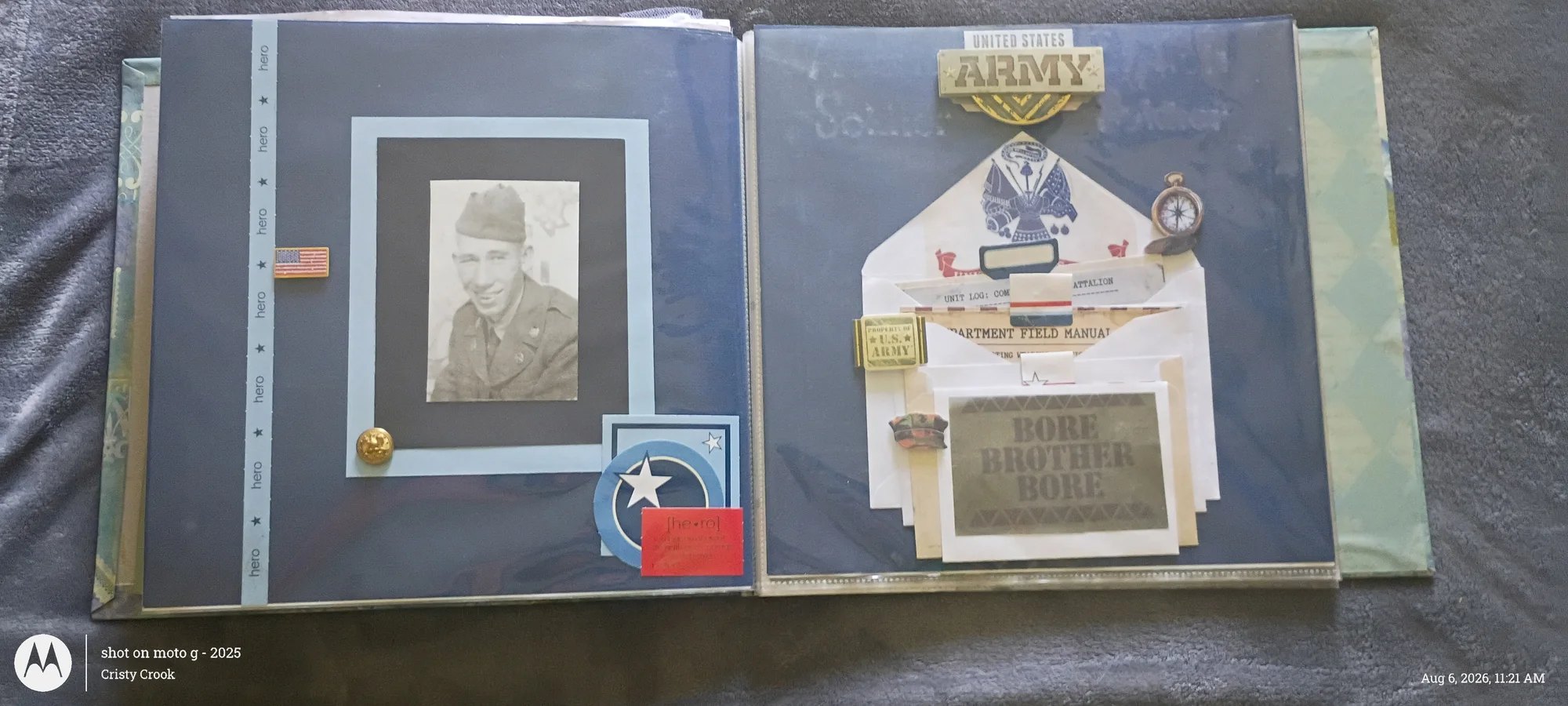 U.S. Army veteran portrait scrapbook with military keepsakes and a tribute to brothers in service